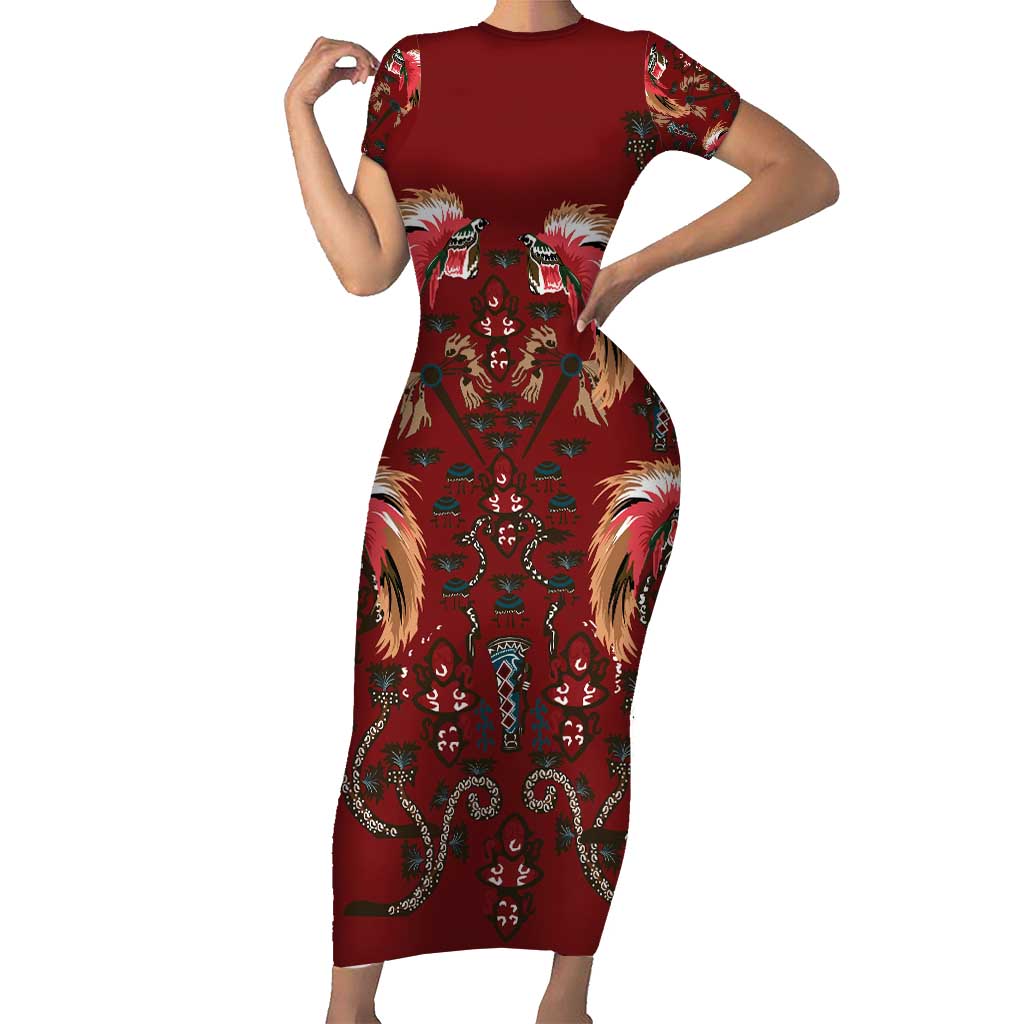Oxblood Bird of Batik Papua Family Matching Short Sleeve Bodycon Dress and Hawaiian Shirt Exotic Natural Wealth of Papua LT9 Mom's Dress Red - Polynesian Pride