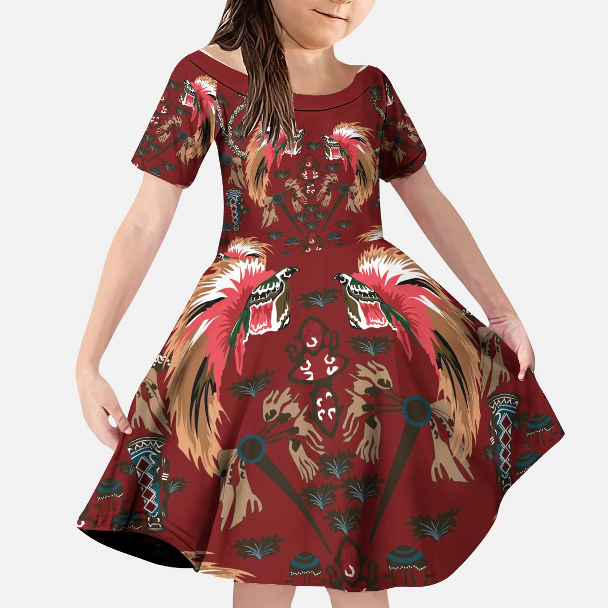 Oxblood Bird of Batik Papua Kid Short Sleeve Dress Exotic Natural Wealth of Papua - Polynesian Pride