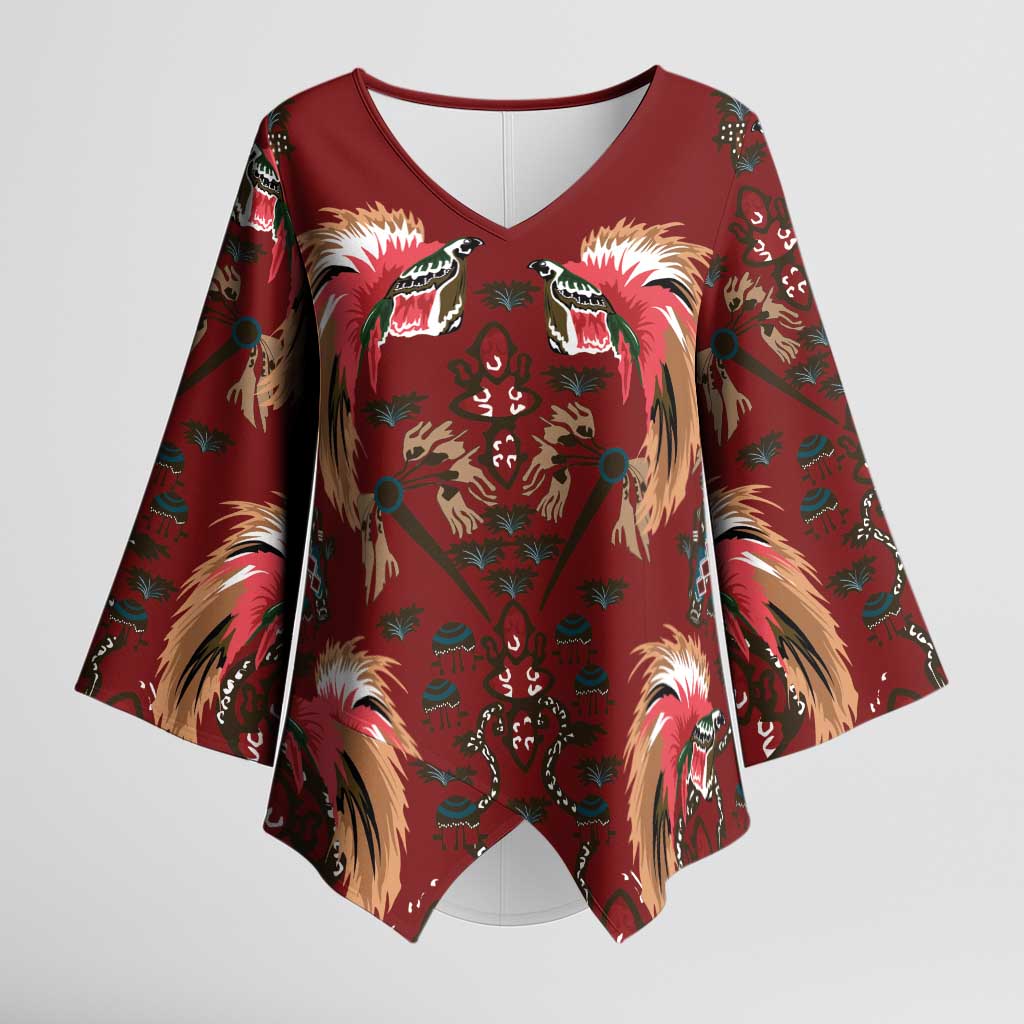 Oxblood Bird of Batik Papua Kimono Sleeve Blouse Exotic Natural Wealth of Papua LT9 Female Red - Polynesian Pride