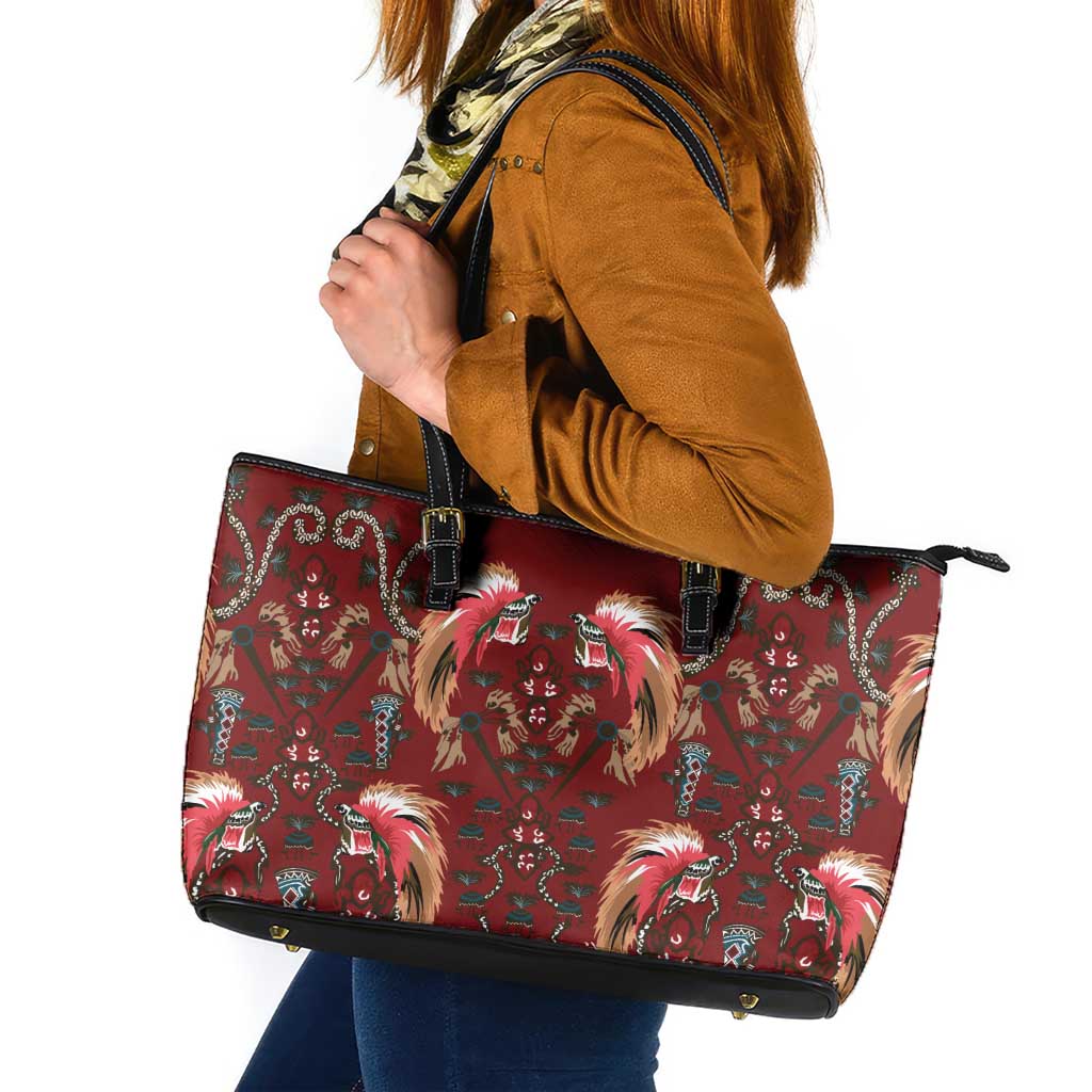 Oxblood Bird of Batik Papua Leather Tote Bag Exotic Natural Wealth of Papua LT9 Red - Polynesian Pride
