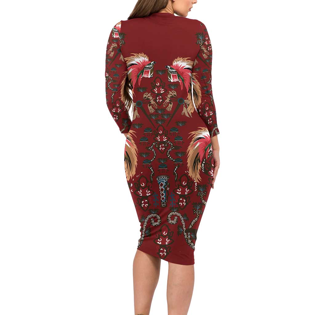 Oxblood Bird of Batik Papua Long Sleeve Bodycon Dress Exotic Natural Wealth of Papua LT9 - Polynesian Pride