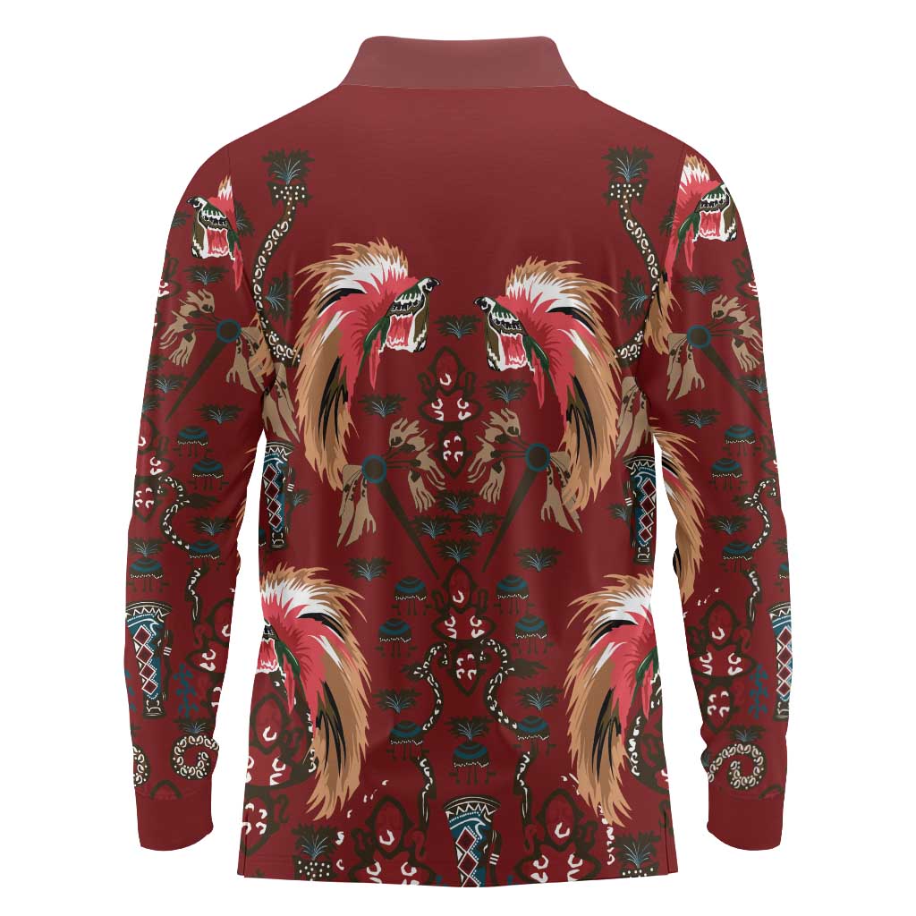 Oxblood Bird of Batik Papua Long Sleeve Polo Shirt Exotic Natural Wealth of Papua LT9 - Polynesian Pride
