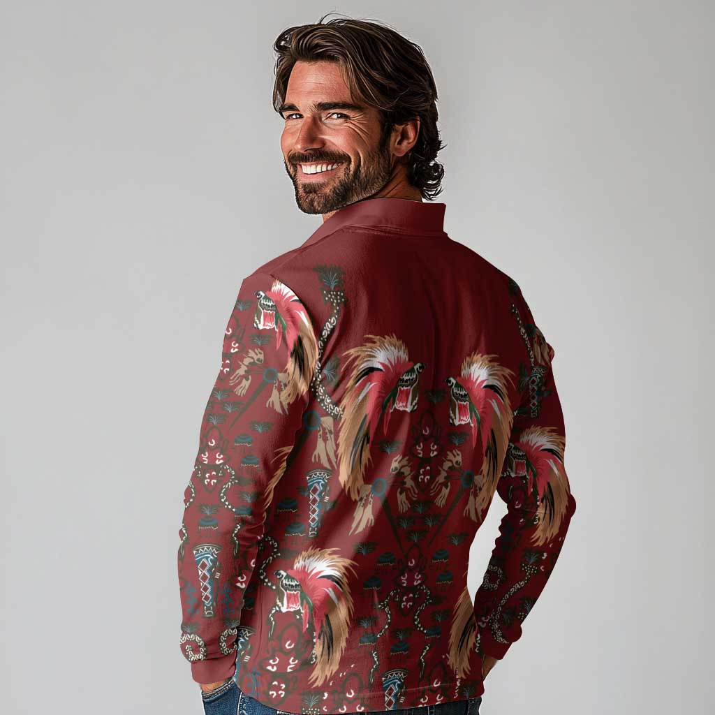Oxblood Bird of Batik Papua Long Sleeve Polo Shirt Exotic Natural Wealth of Papua LT9 - Polynesian Pride