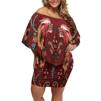 Oxblood Bird of Batik Papua Off Shoulder Short Dress Exotic Natural Wealth of Papua LT9 Women Red - Polynesian Pride