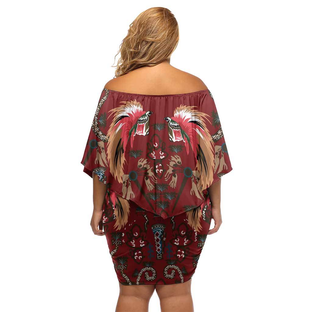 Oxblood Bird of Batik Papua Off Shoulder Short Dress Exotic Natural Wealth of Papua LT9 - Polynesian Pride