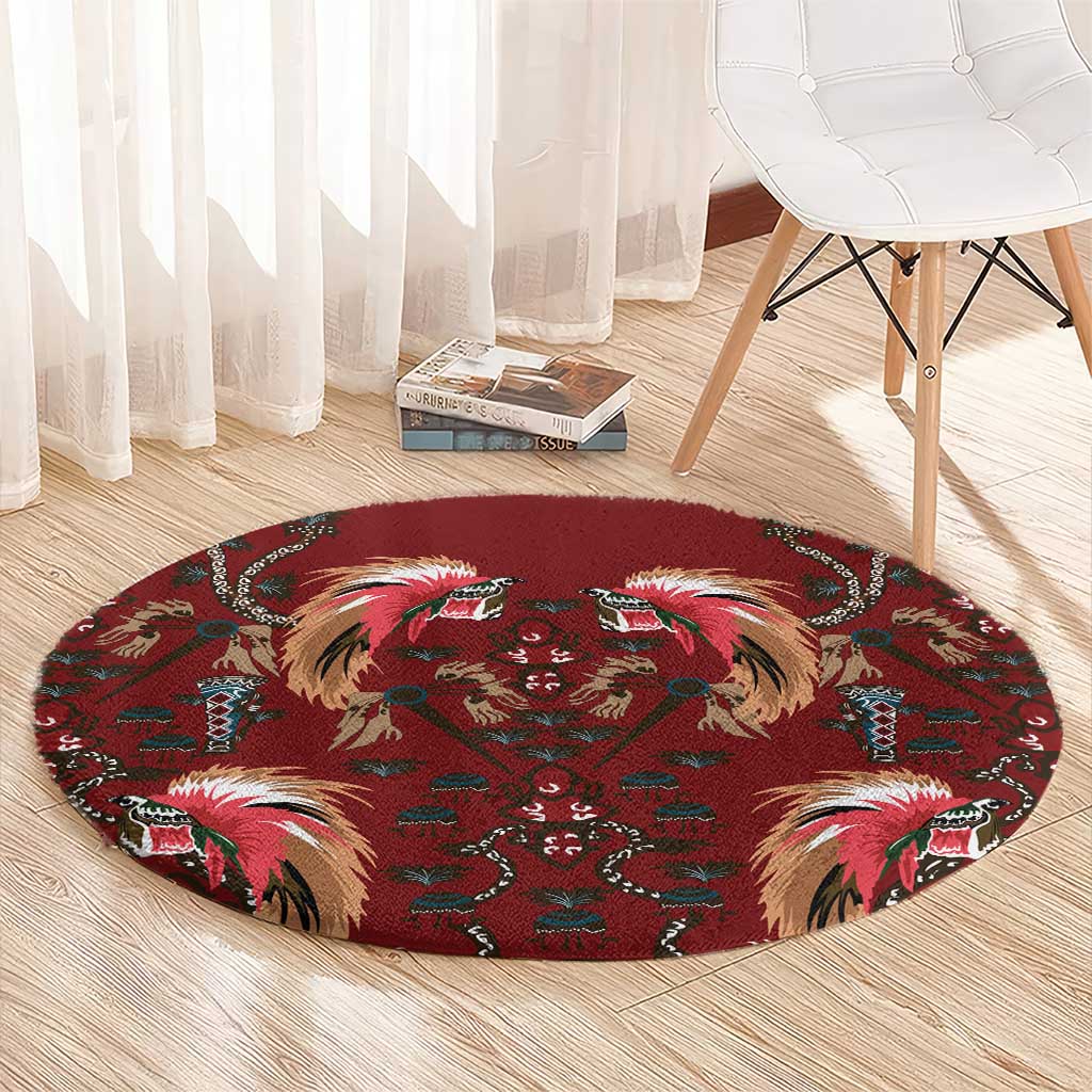 Oxblood Bird of Batik Papua Round Carpet Exotic Natural Wealth of Papua - Polynesian Pride