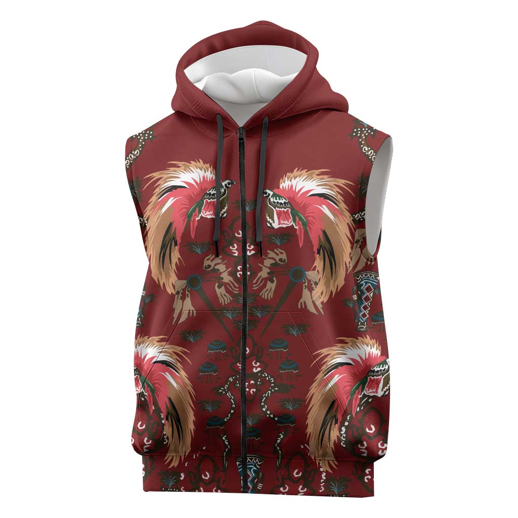 Oxblood Bird of Batik Papua Sleeveless Zip Hoodie Exotic Natural Wealth of Papua LT9 Red - Polynesian Pride