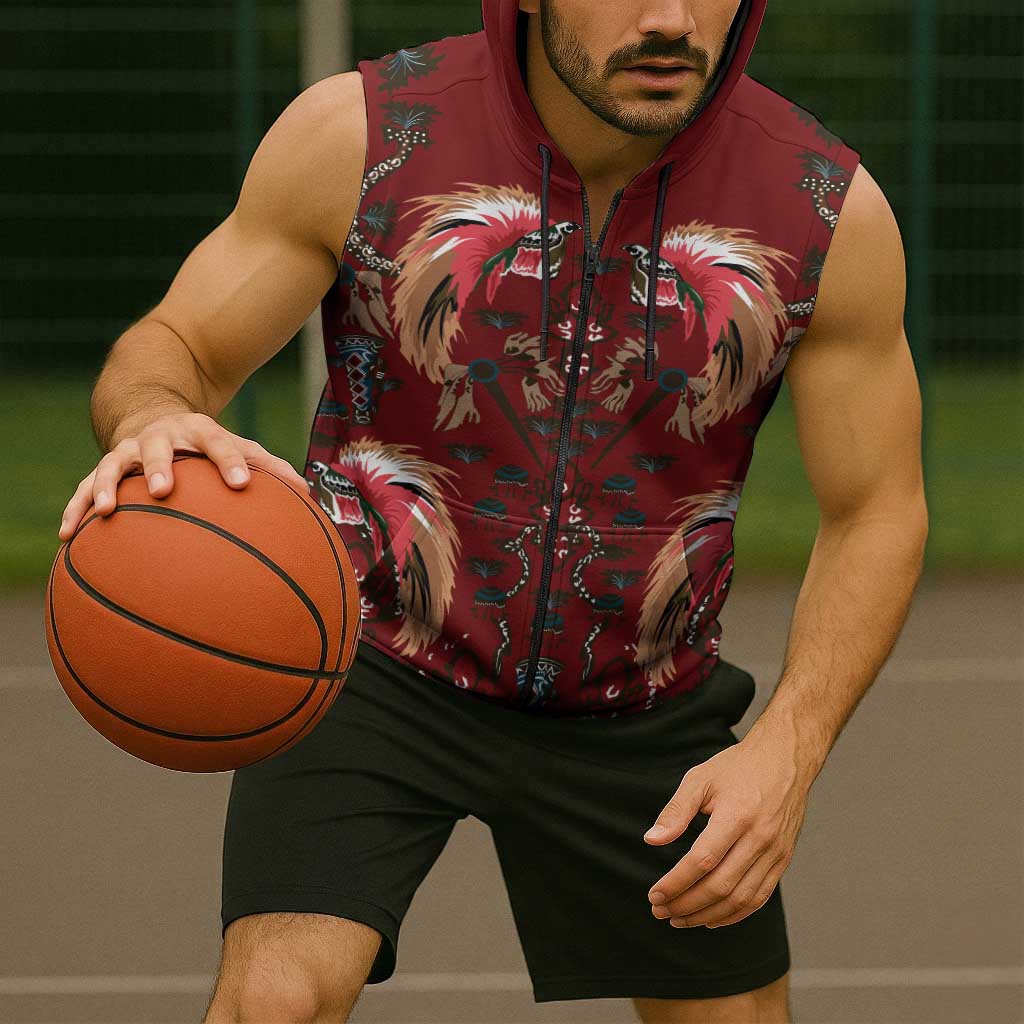 Oxblood Bird of Batik Papua Sleeveless Zip Hoodie Exotic Natural Wealth of Papua LT9 - Polynesian Pride