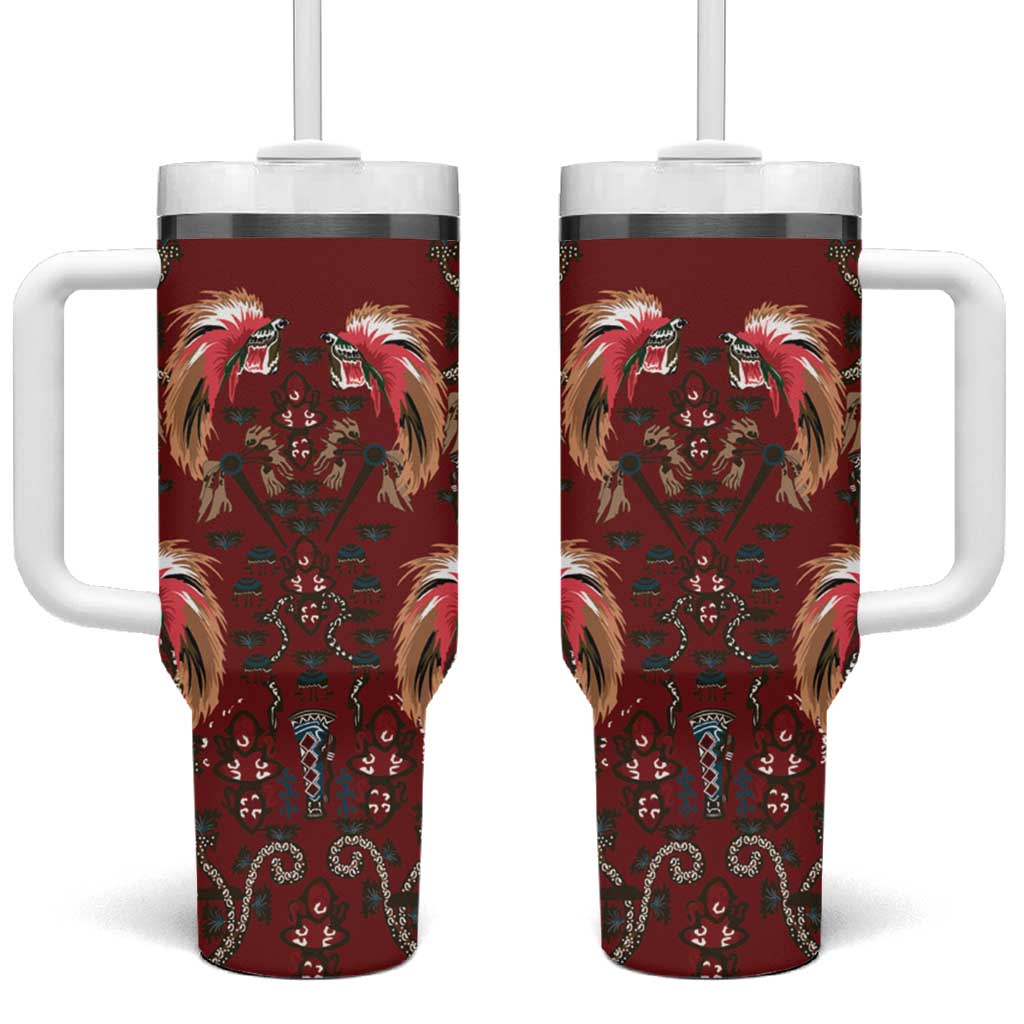 Oxblood Bird of Batik Papua Tumbler With Handle Exotic Natural Wealth of Papua LT9 One Size: 40 oz Red - Polynesian Pride