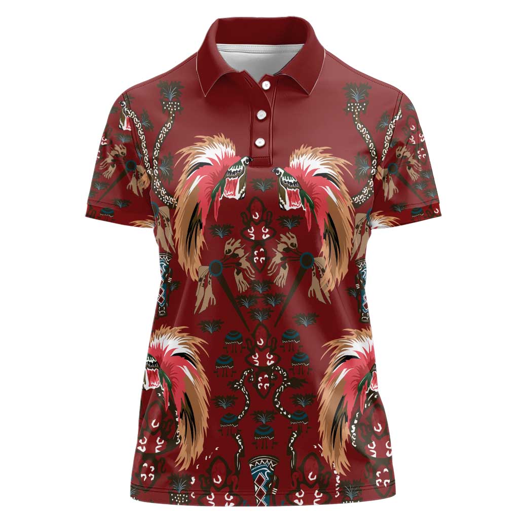 Oxblood Bird of Batik Papua Women Polo Shirt Exotic Natural Wealth of Papua LT9 Female Red - Polynesian Pride