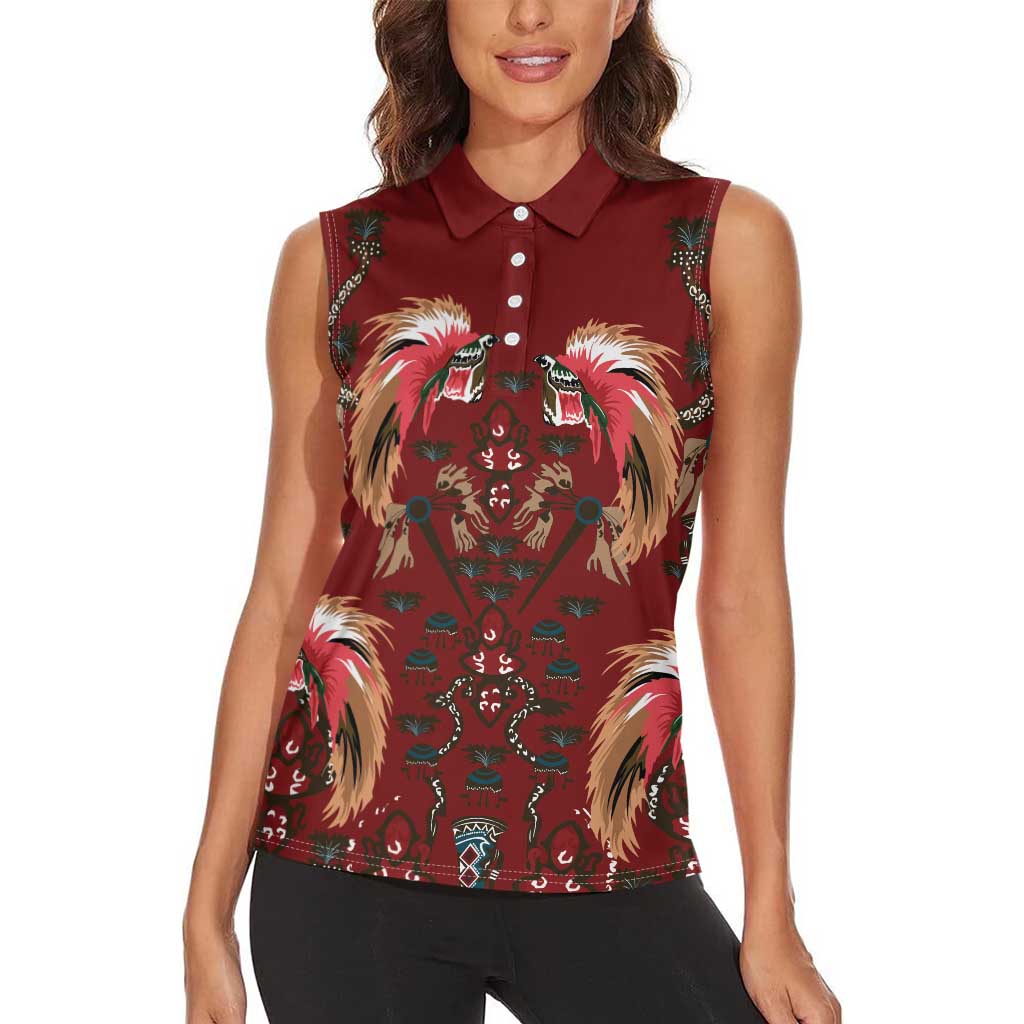 Oxblood Bird of Batik Papua Women Sleeveless Polo Shirt Exotic Natural Wealth of Papua LT9 - Polynesian Pride