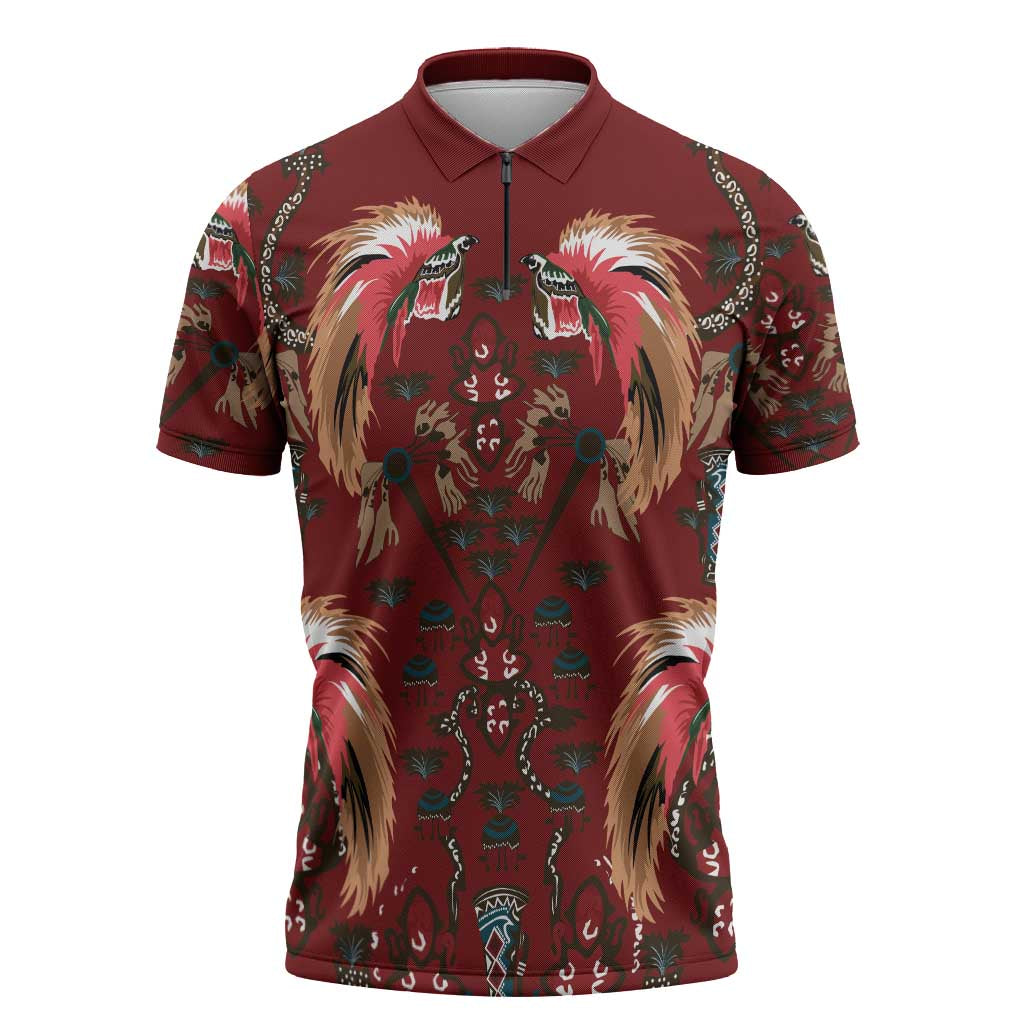 Oxblood Bird of Batik Papua Zipper Polo Shirt Exotic Natural Wealth of Papua LT9 Red - Polynesian Pride
