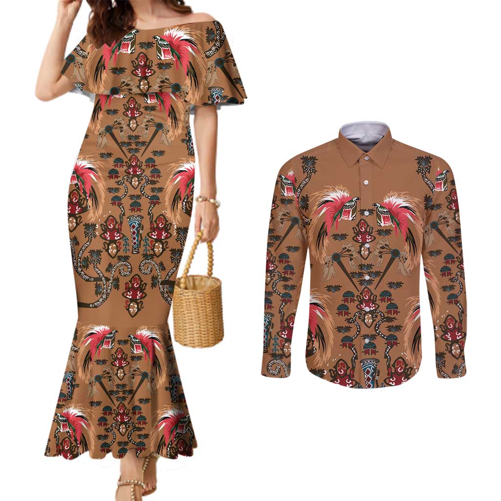 Terracotta Bird of Batik Papua Couples Matching Mermaid Dress and Long Sleeve Button Shirt Exotic Natural Wealth of Papua LT9 Gold - Polynesian Pride