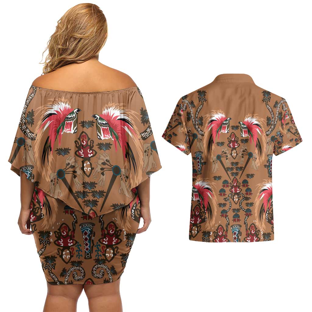 Terracotta Bird of Batik Papua Couples Matching Off Shoulder Short Dress and Hawaiian Shirt Exotic Natural Wealth of Papua LT9 - Polynesian Pride