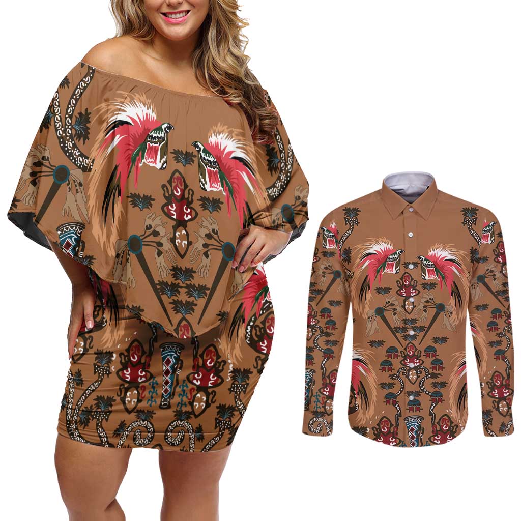Terracotta Bird of Batik Papua Couples Matching Off Shoulder Short Dress and Long Sleeve Button Shirt Exotic Natural Wealth of Papua LT9 Gold - Polynesian Pride