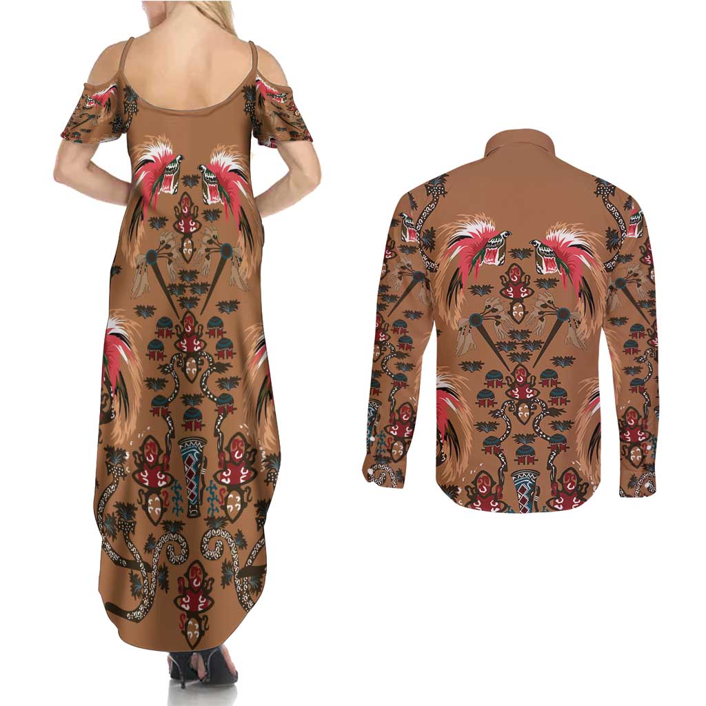 Terracotta Bird of Batik Papua Couples Matching Summer Maxi Dress and Long Sleeve Button Shirt Exotic Natural Wealth of Papua LT9 - Polynesian Pride