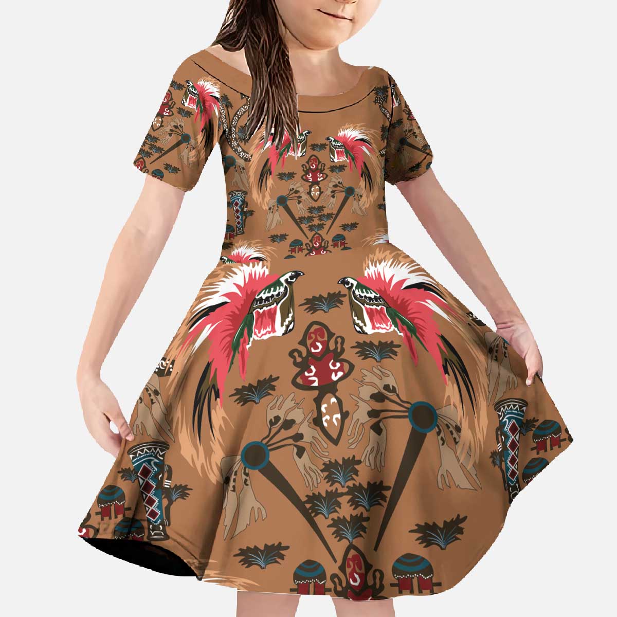 Terracotta Bird of Batik Papua Family Matching Off The Shoulder Long Sleeve Dress and Hawaiian Shirt Exotic Natural Wealth of Papua LT9 Daughter's Dress Gold - Polynesian Pride