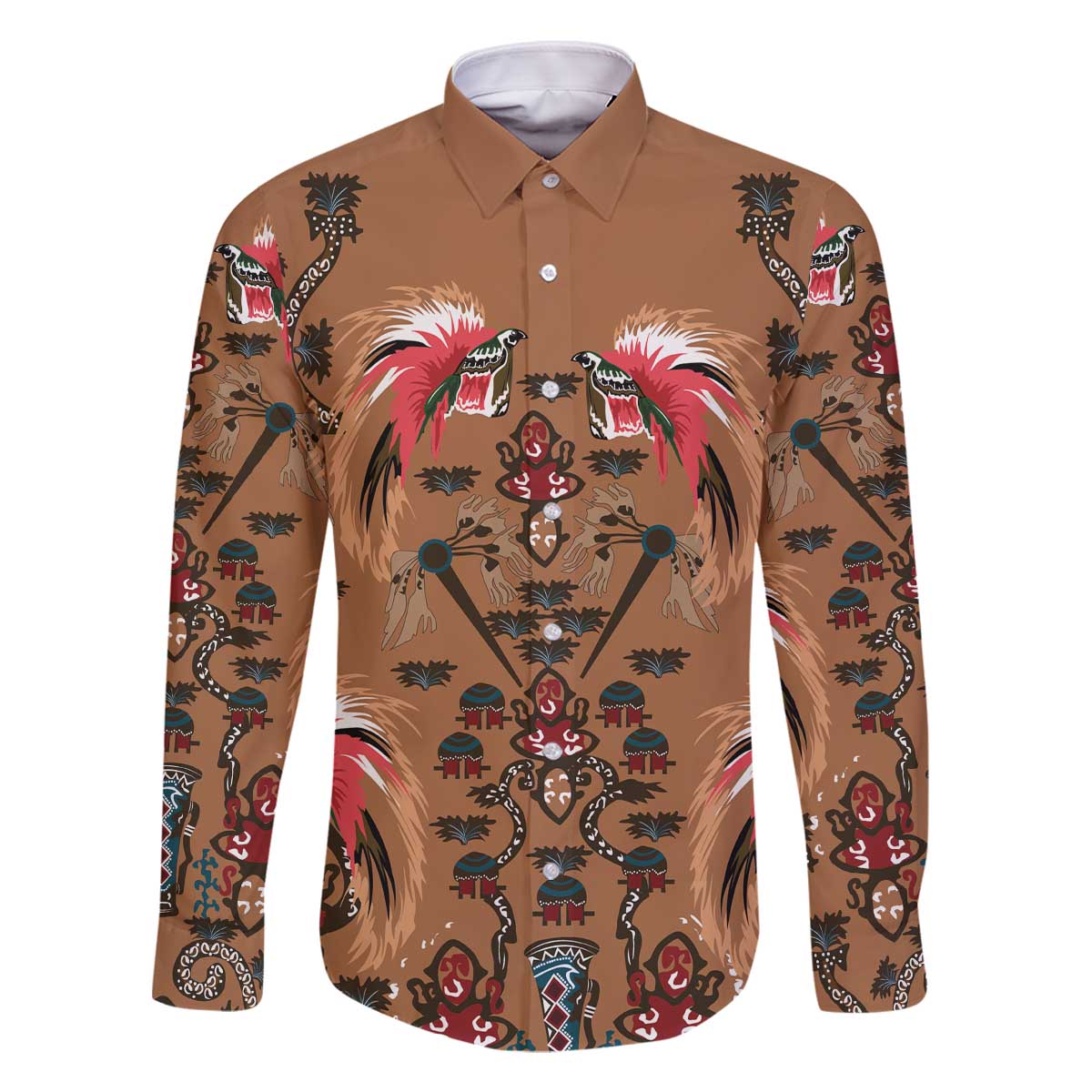 Terracotta Bird of Batik Papua Family Matching Off The Shoulder Long Sleeve Dress and Hawaiian Shirt Exotic Natural Wealth of Papua LT9 Dad's Shirt - Long Sleeve Gold - Polynesian Pride
