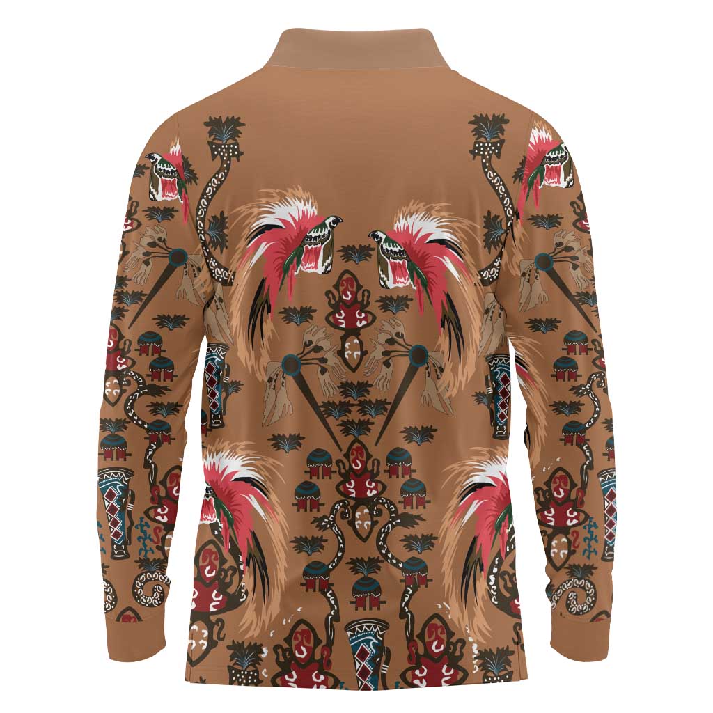 Terracotta Bird of Batik Papua Long Sleeve Polo Shirt Exotic Natural Wealth of Papua LT9 - Polynesian Pride