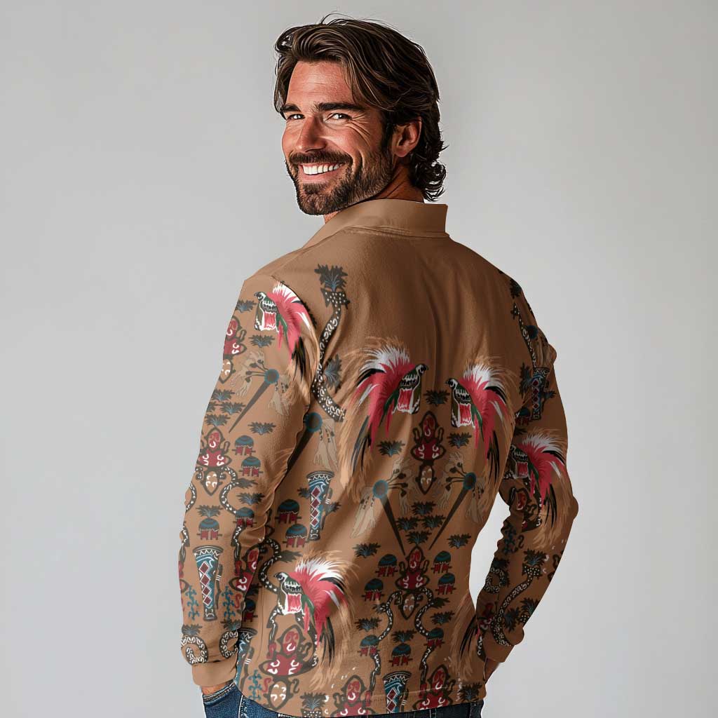 Terracotta Bird of Batik Papua Long Sleeve Polo Shirt Exotic Natural Wealth of Papua LT9 - Polynesian Pride
