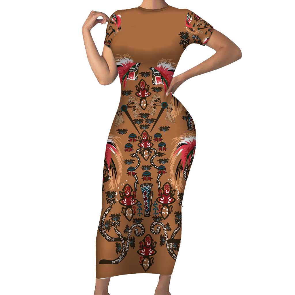 Terracotta Bird of Batik Papua Short Sleeve Bodycon Dress Exotic Natural Wealth of Papua LT9 Long Dress Gold - Polynesian Pride