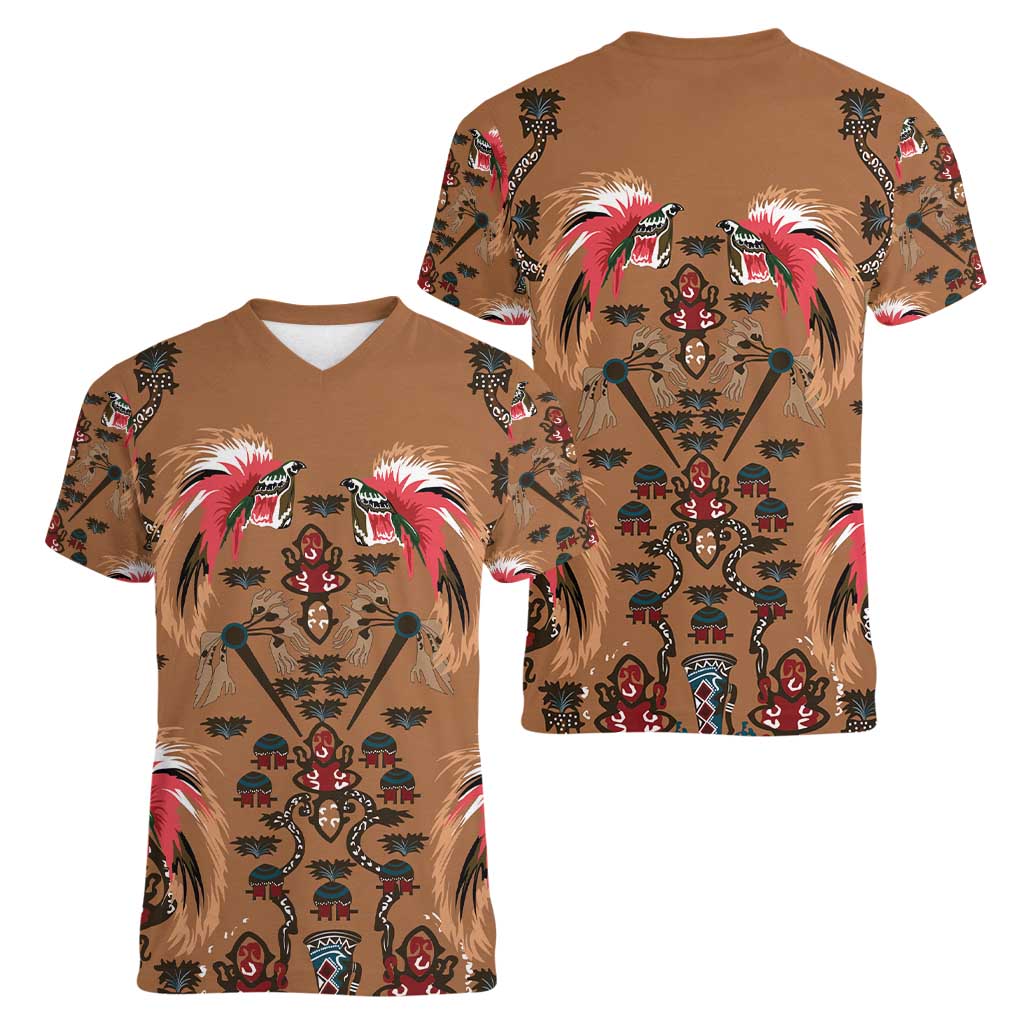 Terracotta Bird of Batik Papua Women V-Neck T-Shirt Exotic Natural Wealth of Papua - Polynesian Pride