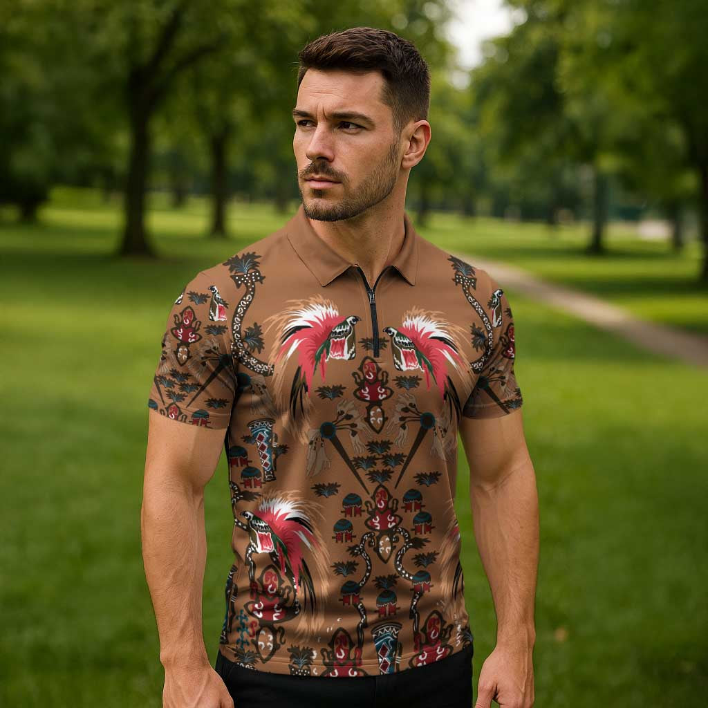 Terracotta Bird of Batik Papua Zipper Polo Shirt Exotic Natural Wealth of Papua LT9 - Polynesian Pride