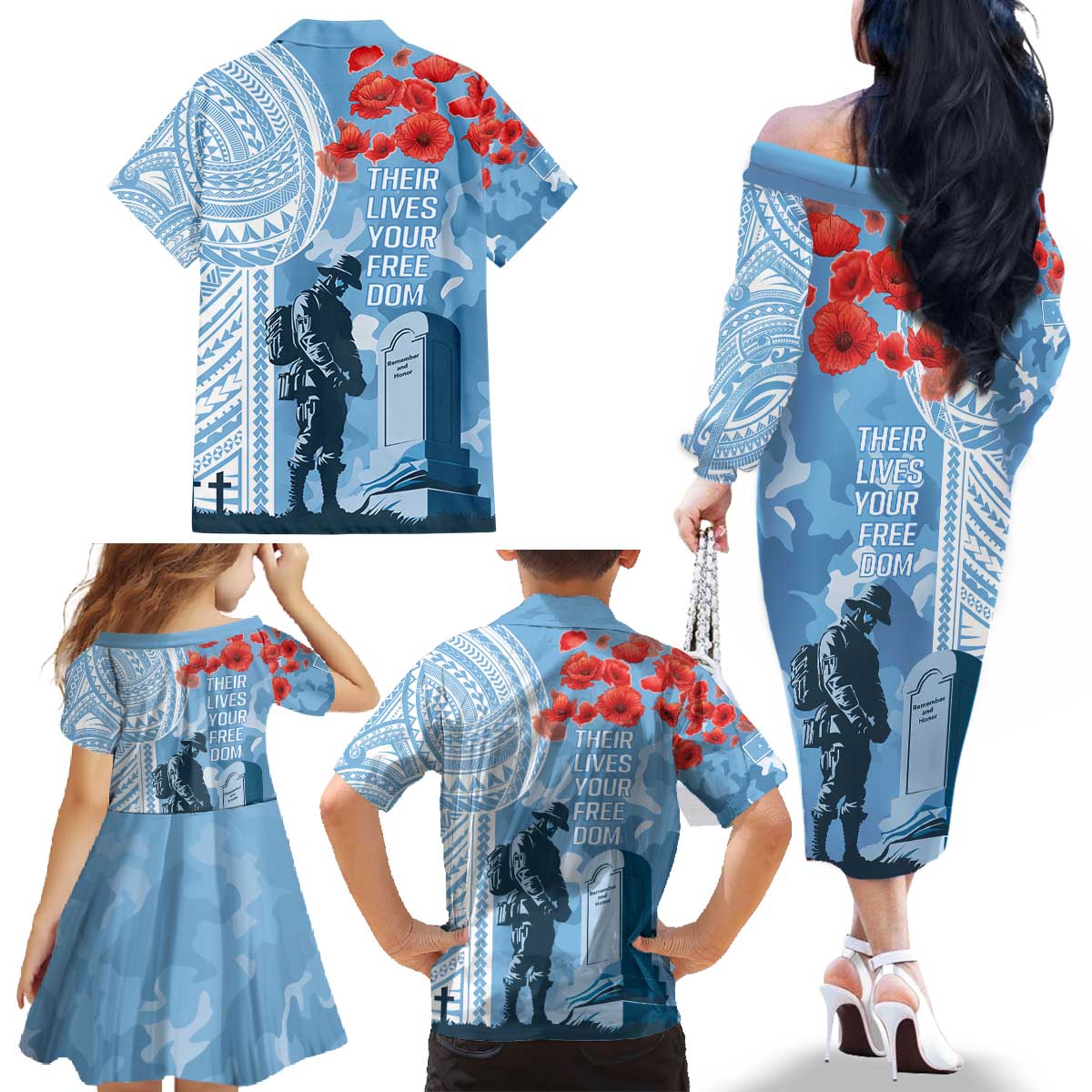 FSM Verterans Day Family Matching Off The Shoulder Long Sleeve Dress and Hawaiian Shirt Their Lives Your Freedom LT9 - Polynesian Pride
