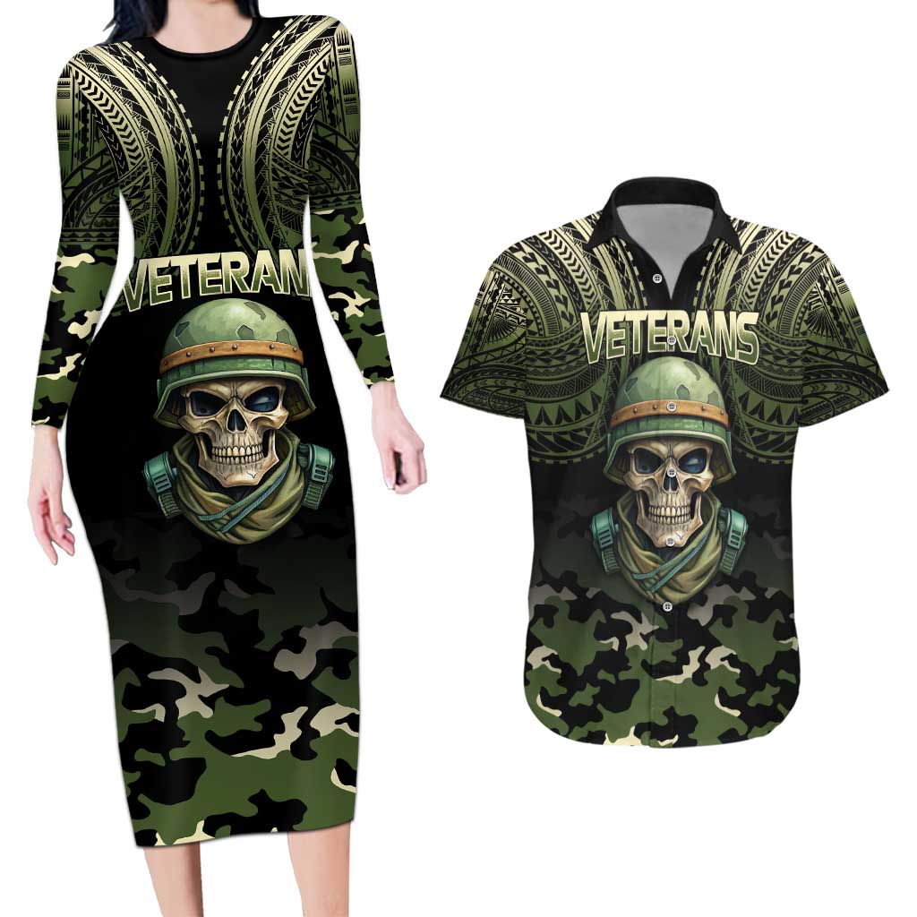 Veterans Day Couples Matching Long Sleeve Bodycon Dress and Hawaiian Shirt War Never Leaves A Veteran Proud Military LT9 Black - Polynesian Pride