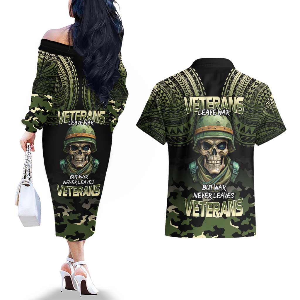 Veterans Day Couples Matching Off The Shoulder Long Sleeve Dress and Hawaiian Shirt War Never Leaves A Veteran Proud Military LT9 - Polynesian Pride