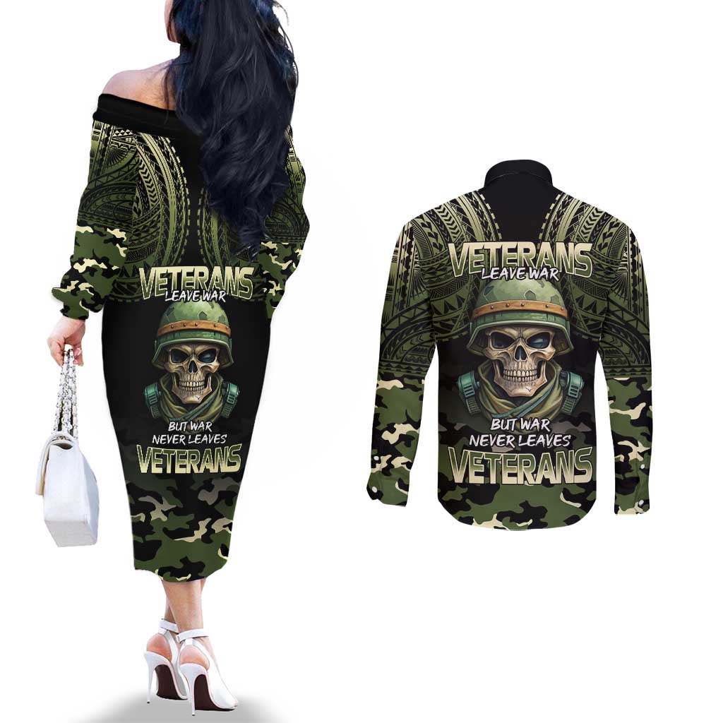 Veterans Day Couples Matching Off The Shoulder Long Sleeve Dress and Long Sleeve Button Shirt War Never Leaves A Veteran Proud Military