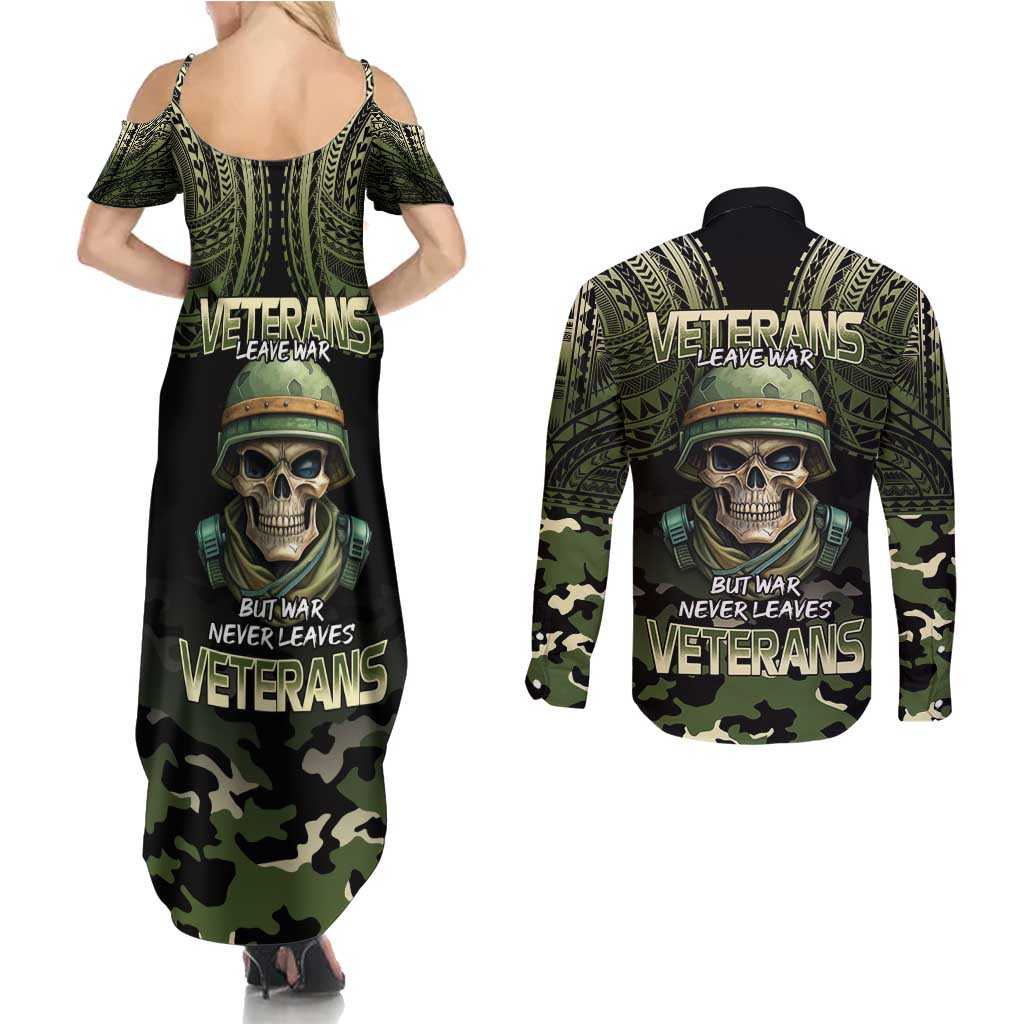 Veterans Day Couples Matching Summer Maxi Dress and Long Sleeve Button Shirt War Never Leaves A Veteran Proud Military