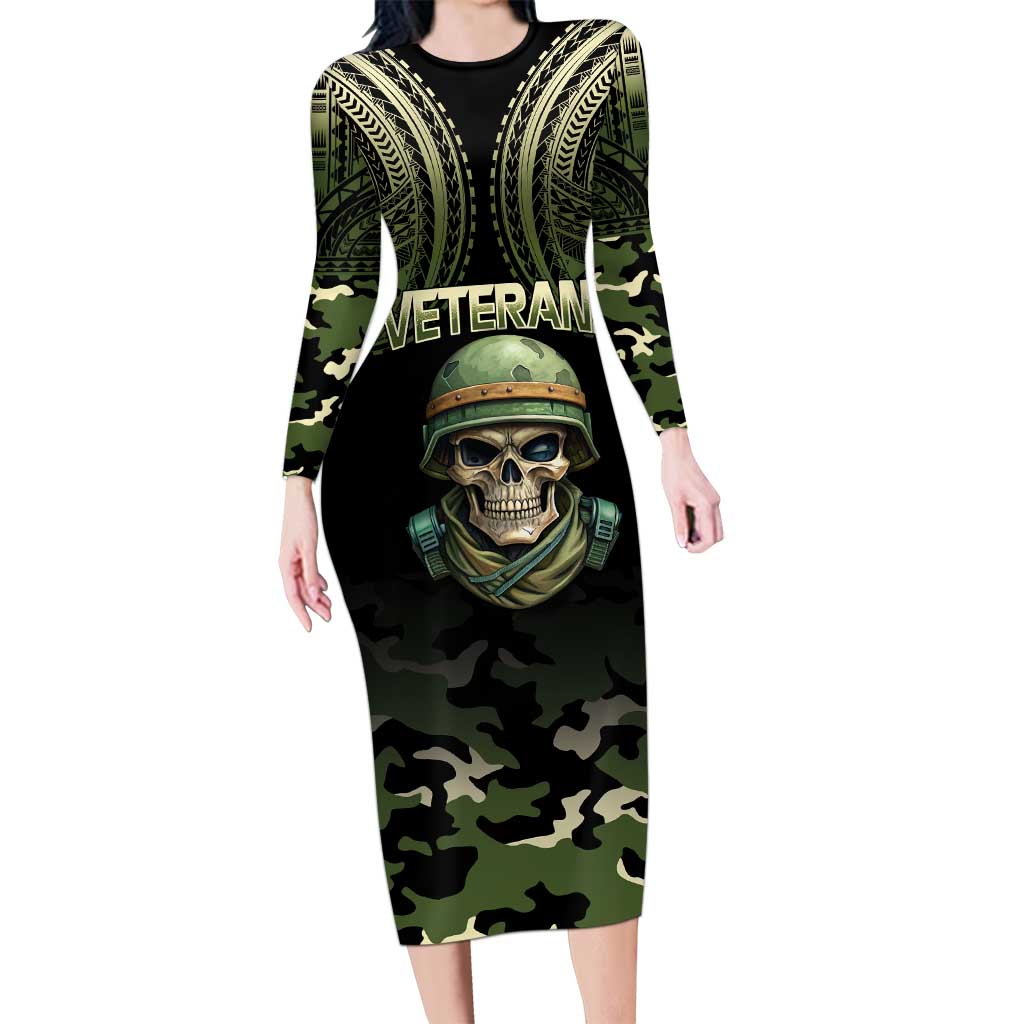 Veterans Day Family Matching Long Sleeve Bodycon Dress and Hawaiian Shirt War Never Leaves A Veteran Proud Military LT9 Mom's Dress Black - Polynesian Pride