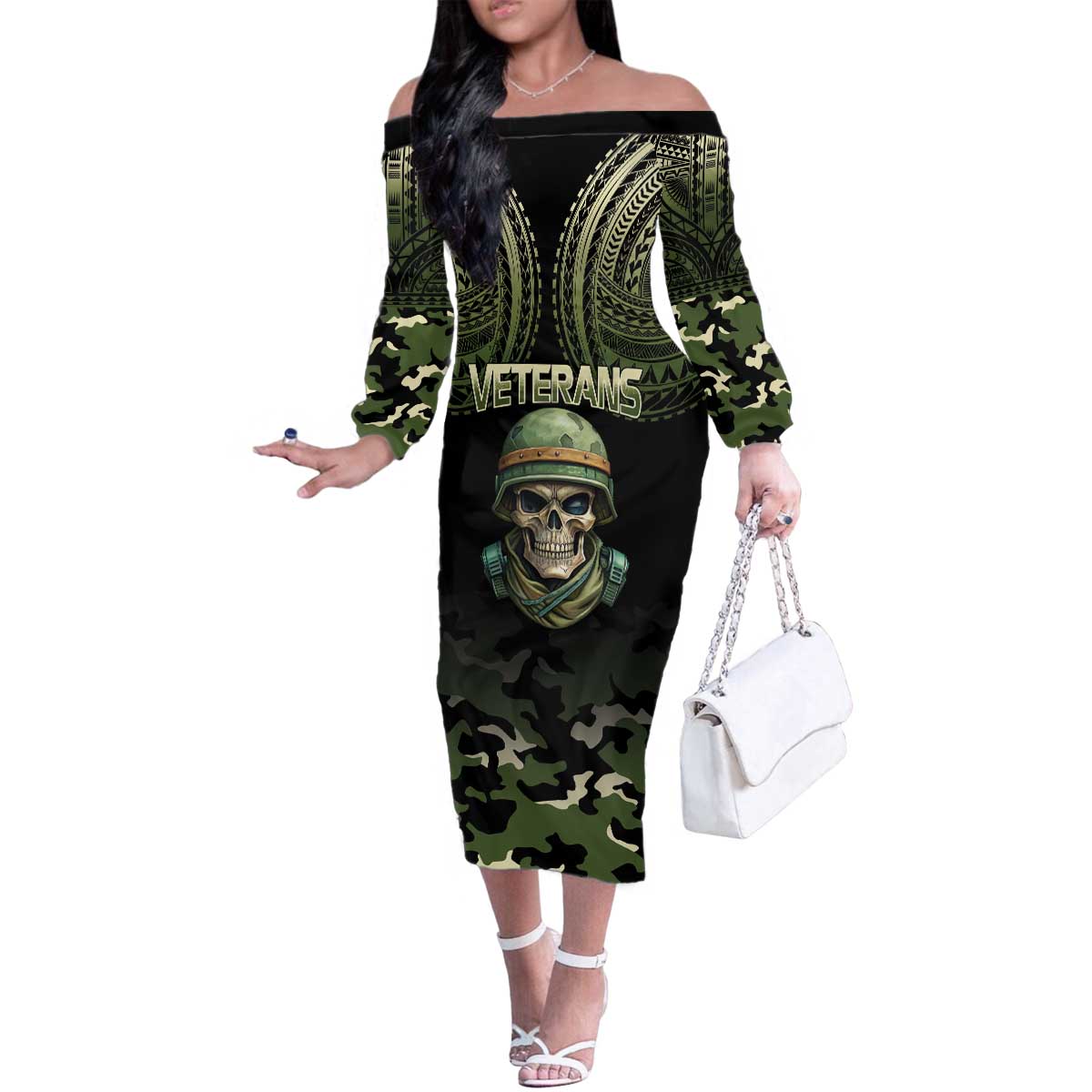 Veterans Day Family Matching Off The Shoulder Long Sleeve Dress and Hawaiian Shirt War Never Leaves A Veteran Proud Military LT9 Mom's Dress Black - Polynesian Pride