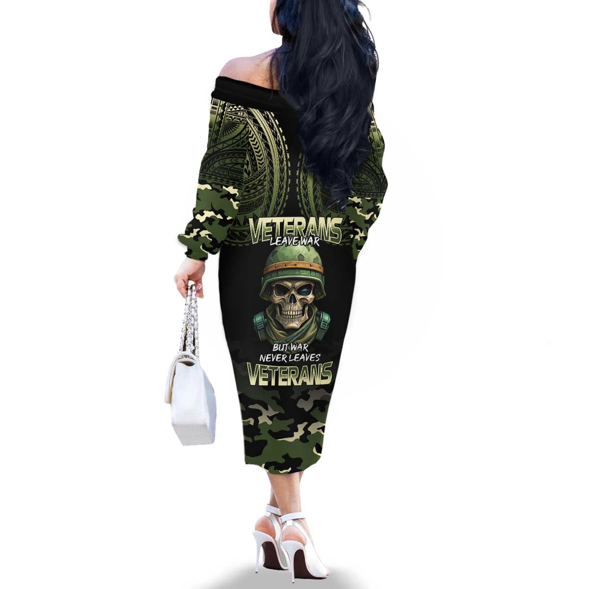 Veterans Day Family Matching Off The Shoulder Long Sleeve Dress and Hawaiian Shirt War Never Leaves A Veteran Proud Military LT9 - Polynesian Pride