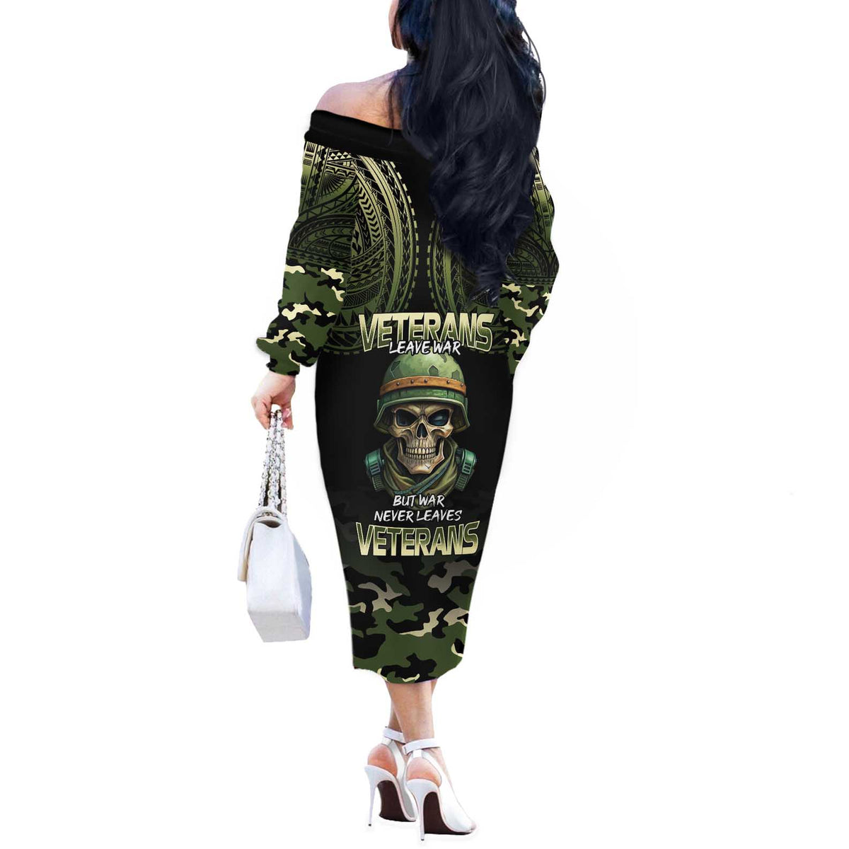 Veterans Day Off The Shoulder Long Sleeve Dress War Never Leaves A Veteran Proud Military