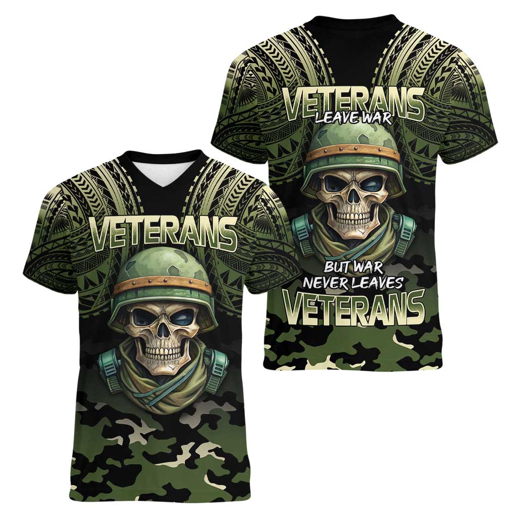 Veterans Day Women V-Neck T-Shirt War Never Leaves A Veteran Proud Military