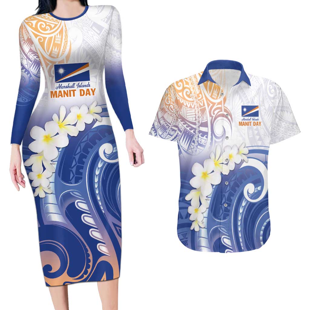 Marshall Islands Manit Day Couples Matching Long Sleeve Bodycon Dress and Hawaiian Shirt Plumeria and Polynesian Tribal LT9 White - Polynesian Pride