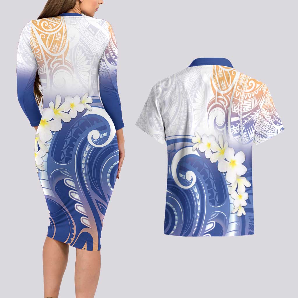 Marshall Islands Manit Day Couples Matching Long Sleeve Bodycon Dress and Hawaiian Shirt Plumeria and Polynesian Tribal LT9 - Polynesian Pride