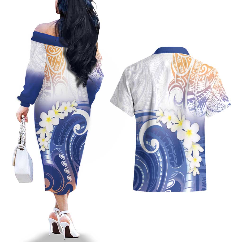 Marshall Islands Manit Day Couples Matching Off The Shoulder Long Sleeve Dress and Hawaiian Shirt Plumeria and Polynesian Tribal LT9 - Polynesian Pride