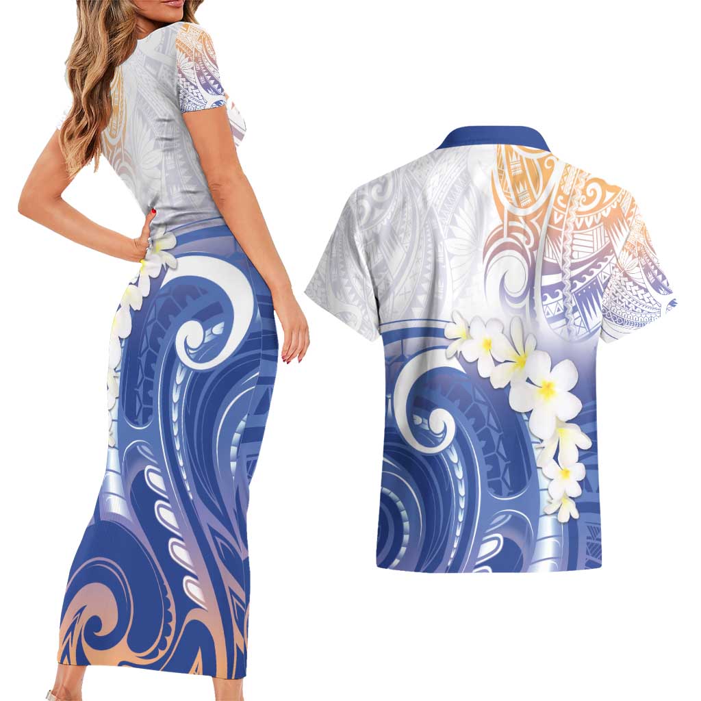 Marshall Islands Manit Day Couples Matching Short Sleeve Bodycon Dress and Hawaiian Shirt Plumeria and Polynesian Tribal LT9 - Polynesian Pride