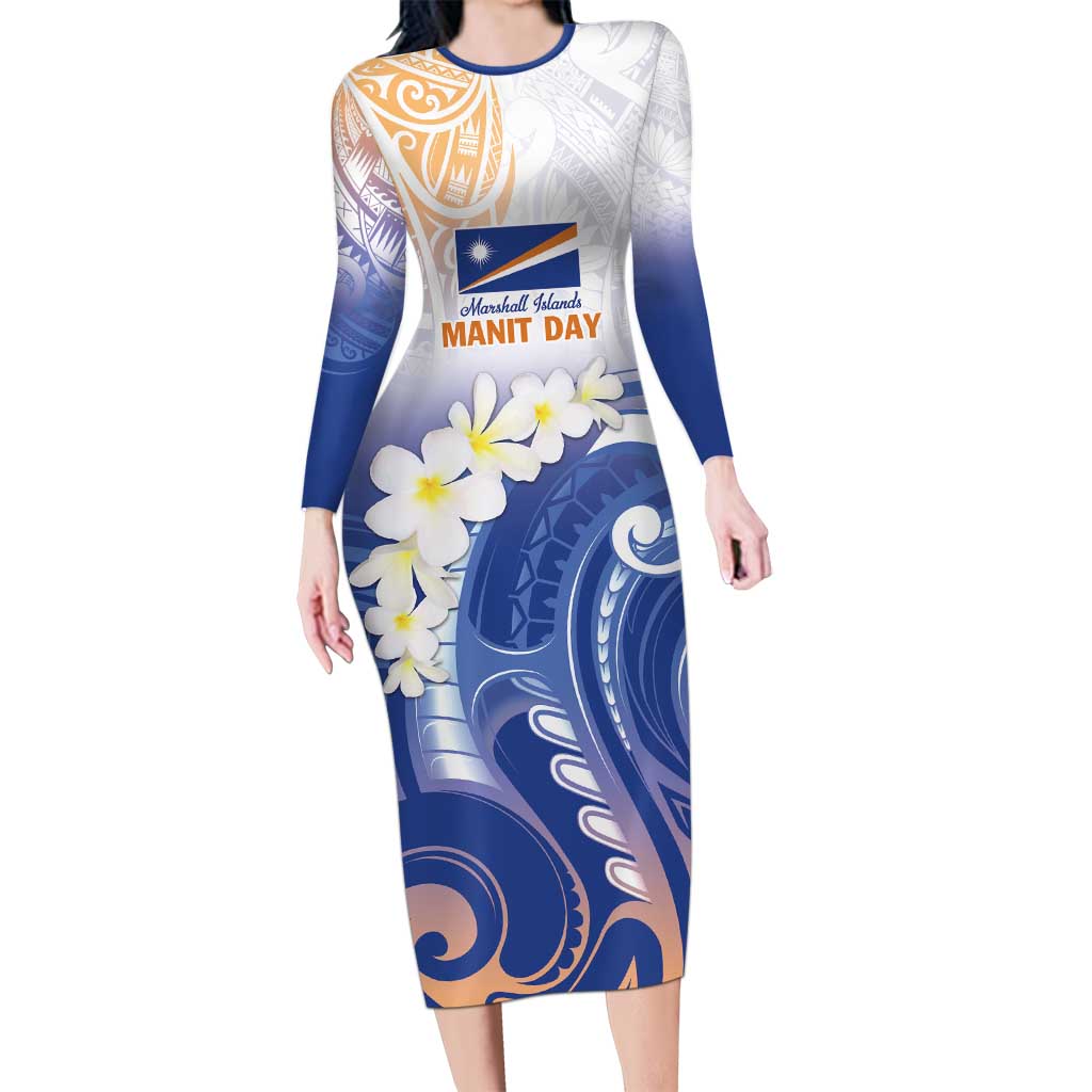 Marshall Islands Manit Day Family Matching Long Sleeve Bodycon Dress and Hawaiian Shirt Plumeria and Polynesian Tribal LT9 Mom's Dress White - Polynesian Pride