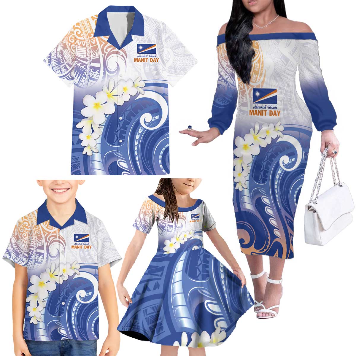 Marshall Islands Manit Day Family Matching Off The Shoulder Long Sleeve Dress and Hawaiian Shirt Plumeria and Polynesian Tribal LT9 - Polynesian Pride