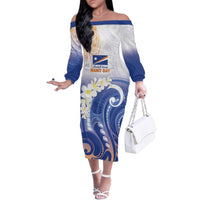 Marshall Islands Manit Day Family Matching Off The Shoulder Long Sleeve Dress and Hawaiian Shirt Plumeria and Polynesian Tribal LT9 Mom's Dress White - Polynesian Pride