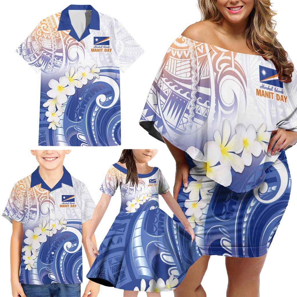 Marshall Islands Manit Day Family Matching Off Shoulder Short Dress and Hawaiian Shirt Plumeria and Polynesian Tribal LT9 - Polynesian Pride