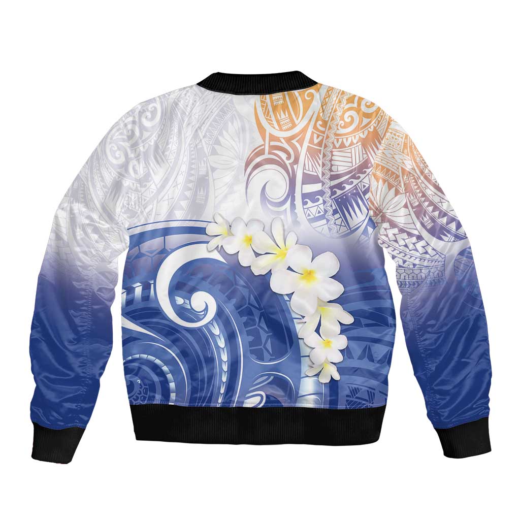 Marshall Islands Manit Day Sleeve Zip Bomber Jacket Plumeria and Polynesian Tribal