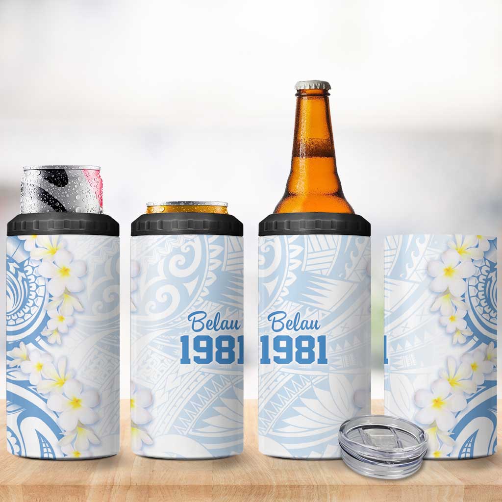 Palau 1981 Tribal Tattoo 4 in 1 Can Cooler Tumbler with Belau Plumeria Flowers LT9 - Polynesian Pride