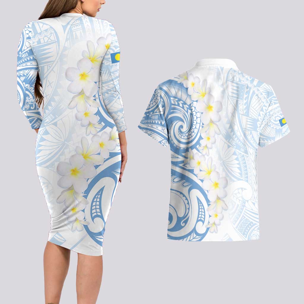 Palau 1981 Tribal Tattoo Couples Matching Long Sleeve Bodycon Dress and Hawaiian Shirt with Belau Plumeria Flowers LT9 - Polynesian Pride