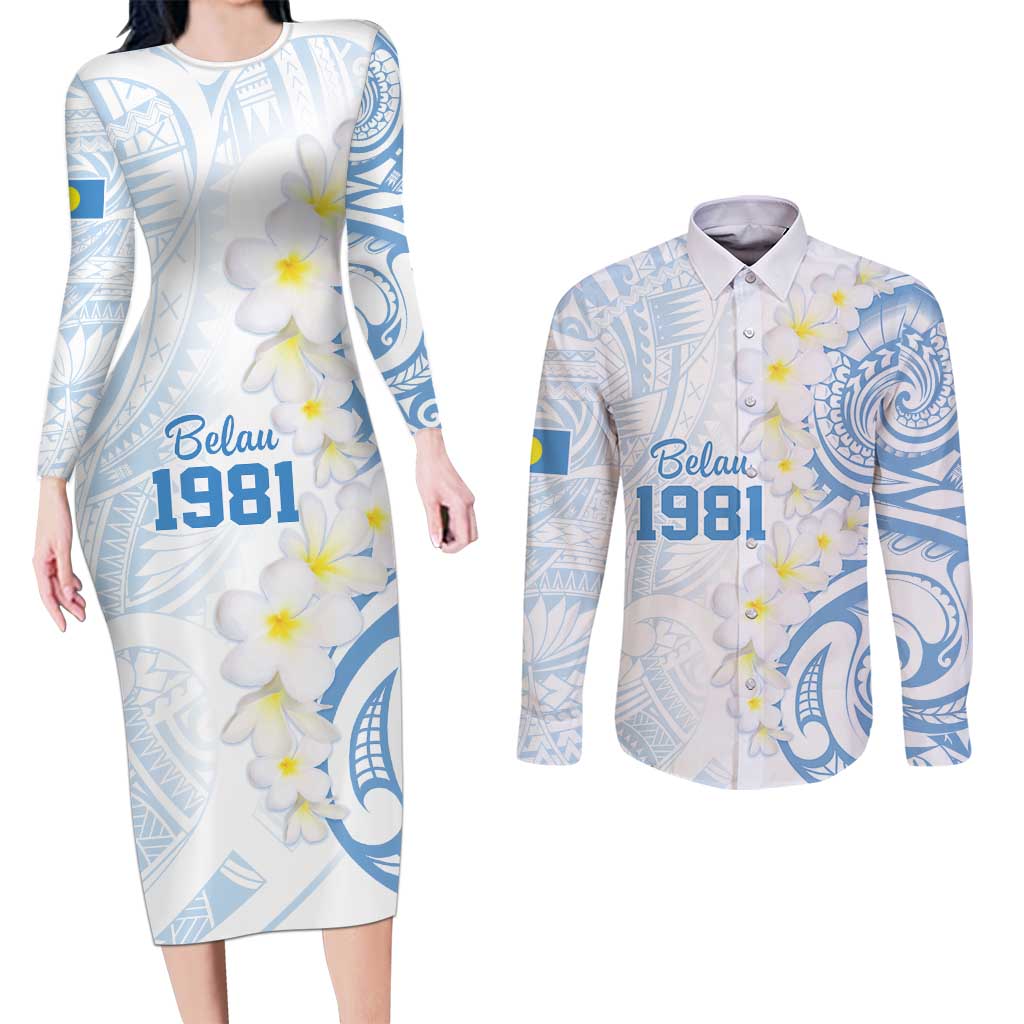 Palau 1981 Tribal Tattoo Couples Matching Long Sleeve Bodycon Dress and Long Sleeve Button Shirt with Belau Plumeria Flowers LT9 White - Polynesian Pride
