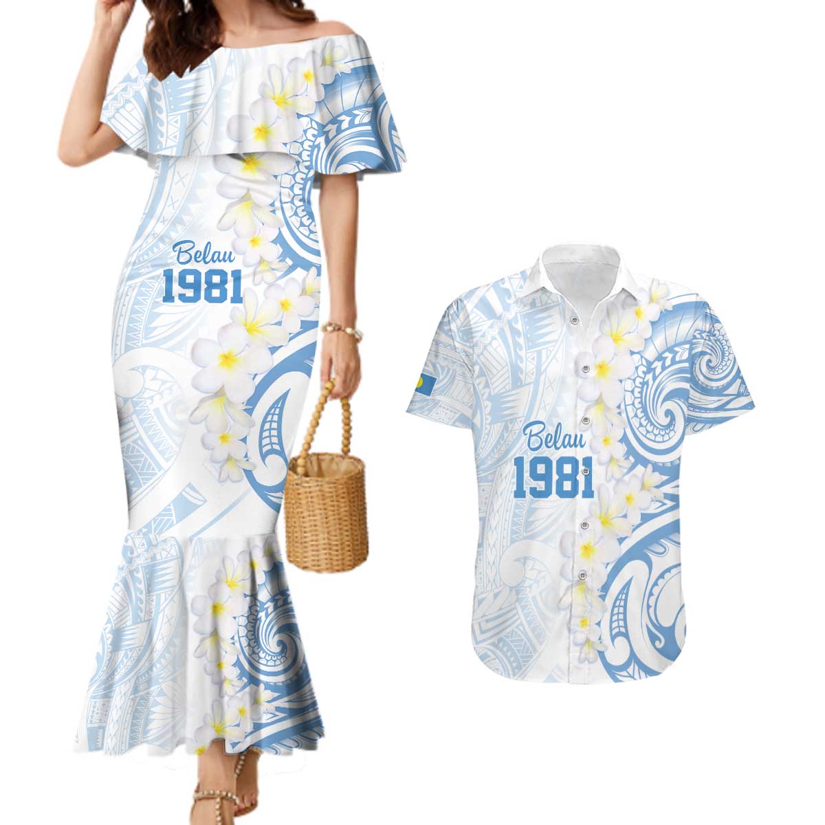 Palau 1981 Tribal Tattoo Couples Matching Mermaid Dress and Hawaiian Shirt with Belau Plumeria Flowers LT9 White - Polynesian Pride